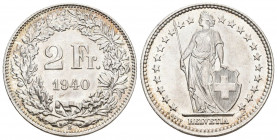Schweiz 1940 2 Franken Silber 10g selten in dieser Erhaltung FDC