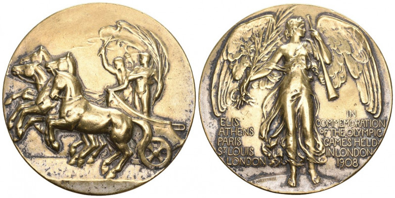 Olympia London 1908 Erinnerungsmedaille an die Teilnehmer Bronce vergoldet 59,8g...