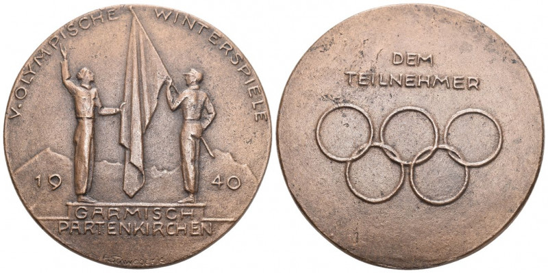 Olympia 1940 Olympische Spiele Broncegussmedaille 71mm Garmisch Patenkirche vorz...