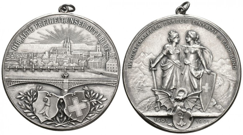 Basel 1901 Eintritt in den Bund Bronce Medaille versilbert 50mm bis unzirkuliert...
