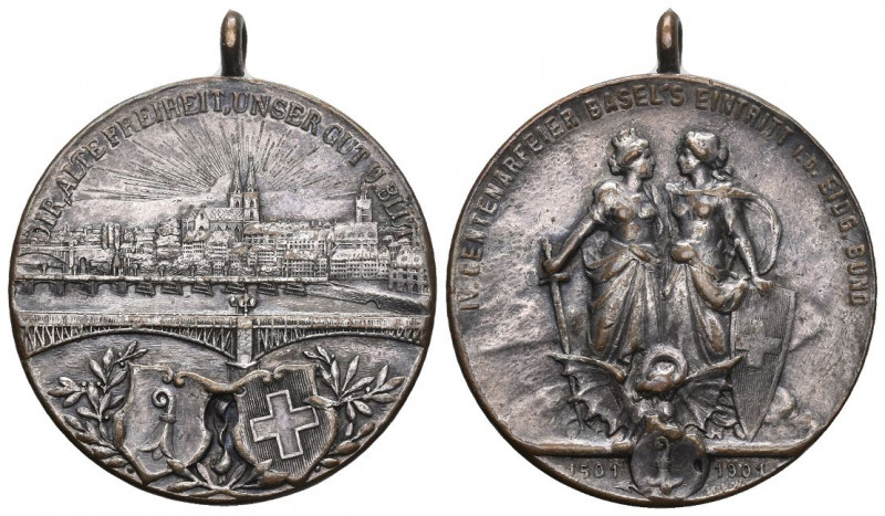 Basel 1901 400 Jahr Feier Bronce Medaille versilbert 32mm vorzüglich mit Origina...