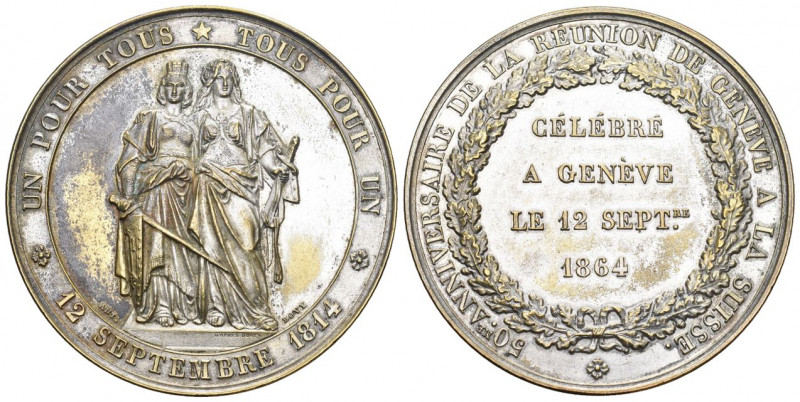 Genf 1864 50 Jahre Vereinigungs Medaille in Bronce versilbert 47mm selten vorzüg...