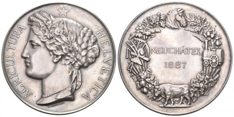 Neuchatel 1887 Preismedaille in Silber 49,4g 30mm in Originalbox FDC