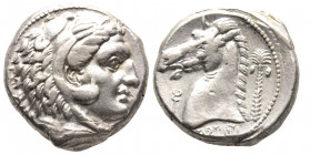 Tétradrachme, Carthage, 350-325 avant J.-C., AG 17.11 g. Avers : Tête de Melqart (Héraklès) imberbe à droite,
coiffée de la léonté nouée sous le cou.
...
