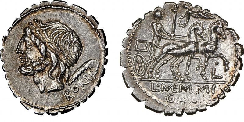 L. Memmius Galeria
Denarius serratus, Rome, 106 avant J.-C., AG 3.95 g. Ref : Cr...