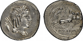K. Julius Bursio
Denarius, Rome, 85 avant J.C., AG 3.70 g.
Ref : Crawford 352/1, Bab. 5, Syd.728
Conservation : fines rayures sinon NGC Choice AU 4/5 ...
