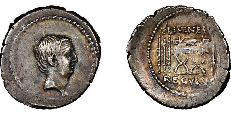 L. Livineius Regulus 42 avant J.-C.
Denarius, Rome, 44 avant J.-C, AG 3.89 g.
Re...
