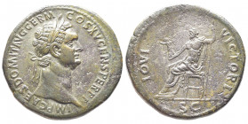 Domitianus 81-96
Sestertius, Rome, 90-91, AE 26.39 g.
Avers : IMP CAES DOMIT AVG GERM COS XV CENS PER PP tête laurée à droite
Revers : IOVI VICTORI au...