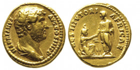 Hadrian 117-138
Aureus, Rome, 134-138, AU 7.43 g.
Avers : HADRIANVS AVG COS III P P Buste drapé à droite
Revers : RESTITVTORI AFRICAE Hadrian, assis à...