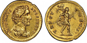Antoninus Pius 138-161 
Aureus, Rome, 140-4, AU 7.28 g.
Avers : ANTONINVS - AVG PIVS P P Buste lauré, drapé à droite, vu de côté.
Revers : TR - POT - ...
