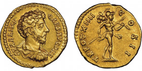 pour Marcus Aurelius Caesar 139-161
Aureus, Rome, 159-160, AU 7.21 g.
Avers : AVRELIVS CAES AVG P II F Buste drapé et cuirassé à droite. Revers : TR P...