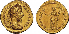 Marcus Aurelius 161-180
Aureus, Rome, 175, AU 7.25 g.
Avers : M ANTONINVS AVG GERM SARM Buste lauré, drapé et cuirassé à droite. Revers : TR P XXIX IM...