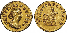 Marcus Aurelius pour Faustina II, Augusta 147-176
Aureus, Rome, 161-176, AU 7.23 g.
Avers : FAVSTINA AVGVSTA Buste drapé à droite.
Revers : SALVTI AVG...
