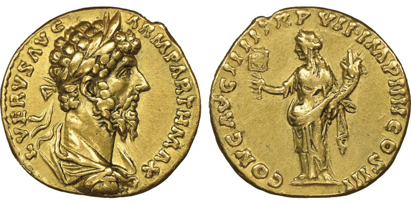 Lucius Verus 161-169
Aureus, Rome, AU 6.64 g.
Ref : Cal. 2128, C. 52, RIC 568
Co...