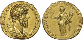 Lucius Verus 161-169
Aureus, Rome, AU 6.64 g.
Ref : Cal. 2128, C. 52, RIC 568
Conservation : Coup sur la tranche sinon NGC XF 5/5 - 3/5