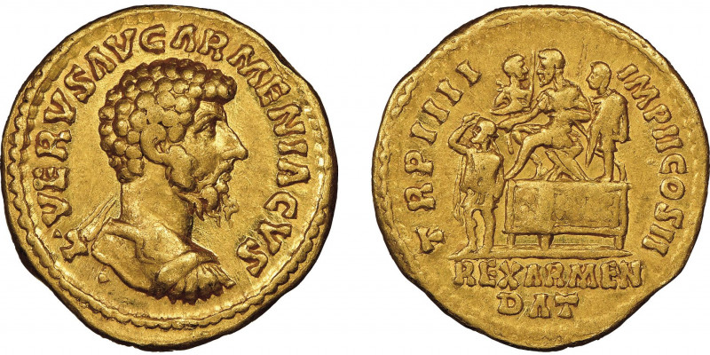 Lucius Verus 161-169
Aureus, Rome, 163-164, AU 7.11 g.
Avers : L VERVS AVG ARMEN...