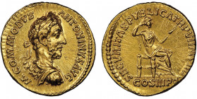 Commodus, 177-192
Aureus, Rome, 181, AU 7.31 g.
Avers : M COMMODVS ANTONINVS AVG
Buste lauré et cuirassé de Commodus à droite, vu de dos
Revers : SECV...