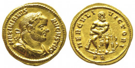 Maximianus Herculius Augustus 286 -305
Aureus, Treveri 293-294, AU 5.51 g.
Avers : MAXIMIANUS -AUGUSTUS Buste lauré à droite
Revers : HERCVLI – VICTOR...