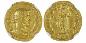 Diocletianus 284-305
Aureus, Rome, 284-305, AU 5.11 g.
Avers : DIOCLETIANVS P F AVG Tête laurée à droite.
Revers : IOVI CONSERVAT AVGG à l'exergue PRO...