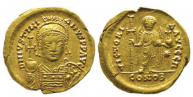 Iustinianus 527-565
Solidus, Rome, 542-565, AU 4.37 g.
Ref : Hahn 30, Sear 288B
Ex Vente Vinchon, 25/04/1996, lot 200
Conservation : Superbe. Très bea...