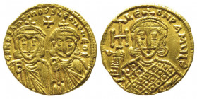 Constantinus V 741-775 avec Leo IV 751-775
Solidus avec Leo IV, Constantinople, 741-775, AU 4.42 g. Ref : Sear 1551, D.O.2
Ex Vente Vinchon 28.04.1975...