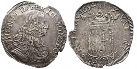 Monaco, Honoré II 1604-1662
Écu de 3 Livres ou 60 Sols, 1654, AG 26.65 g.
Ref : G. MC35, CC 49
Conservation : TTB, double frappe au revers