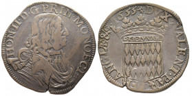 Honoré II 1604-1662
Écu de 3 Livres ou 60 Sols, 1655, AG 26.7 g.
Ref : G. MC35, CC 49
Conservation : presque TTB