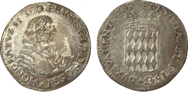 MONACO
Honoré II 1604-1662 
Demi-écu ou 30 sols, 1643, AG 13,14 g ; diam. 32 mm....