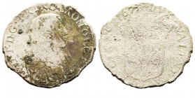 Louis I 1662-1701
Pezzetta, 1673, billon 3.27 g.
Avers : LVD I. D.G. PRINC. MONŒCI. Buste jeune drapé à droite. 
Revers : artichaut DVX VALENT PAR FRA...