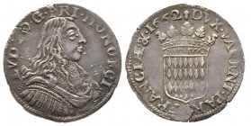 Louis I 1662-1701
1/12 Écu ou 5 Sols, 1662, AG 2.15 g. Ref : G. MC50, CC 69, CAM. 264
Conservation : presque Superbe
