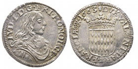 Louis I 1662-1701
1/12 Écu ou 5 Sols, 1663, AG 2.26 g.
Ref : G.MC50 (var. IVV), CC 69, CAM. 265
Conservation : Superbe