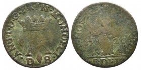 Antoine I 1701-1731
Dardenna, 1720, Cu 3.76 g. Ref : G. MC85, CC 158 Conservation : TB/TTB