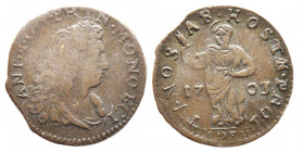 Antoine I 1701-1731
Sol, 1703, Billon 1.41 g.
Revers : Sainte Dévote debout à gauche. 
Ref : G. MC80, CC148
Conservation : TTB. Rarissime