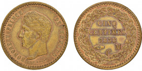 Honoré V 1819-1841
5 centimes épreuve non adoptée, 1838, tranche lisse, Cu
Ref : G. MC110
Conservation : NGC MS63 BN. Top Pop: le plus beau connu