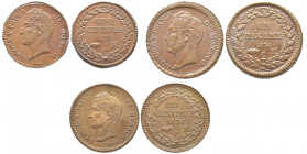 Honoré V 1819-1841
Lot de trois monnaies Un Décime, 1838 MC, 5 Centimes 1837 et 5 Centimes 1838, Cu
Conservation : TTB