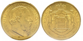 Charles III 1856-1889
100 Francs, 1882 A, AU 32.25 g.
Ref : G. MC122, CC 179, Fr. 11
Conservation : PCGS MS62
Quantité : seulement 5000 exemplaires fr...