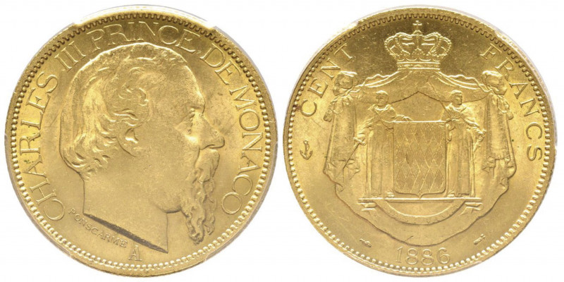 Charles III 1856-1889
100 Francs, 1886 A, AU 32.25 g.
Ref : G. MC122, CC 79, Fr....