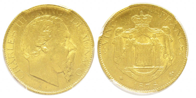 Charles III 1856-1889
20 francs, 1878 A, AU 6.45 g.
Ref : G. MC120 (7 bas), Fr.1...