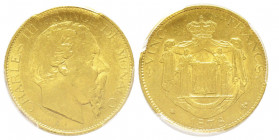 Charles III 1856-1889
20 francs, 1878 A, AU 6.45 g.
Ref : G. MC120 (7 bas), Fr.12
Conservation : PCGS MS62