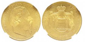 Charles III 1856-1889
20 francs, 1878 A, AU 6.45 g.
Ref : G. MC120 (7 haut), Fr.12
Conservation : NGC MS63. Très rare dans cette qualité.