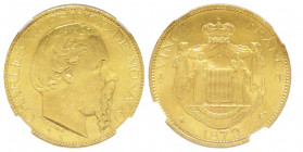 Charles III 1856-1889
20 Francs, 1879 A, AU 6.45 g.
Ref : G. MC120 (ancre simple), Fr.12
Conservation : NGC MS64. FDC. Top Pop: Le plus bel exemplaire...