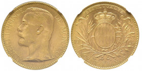 Albert I 1889-1922
100 Francs, 1904 A, AU 32.25 g.
Ref : G. MC124, CC. 180, Fr.13
Conservation : NGC MS 63
Quantité : 10000 exemplaires. Très rare dan...