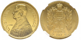 Louis II 1922-1949
20 Francs piéfort, 1947, AU 37.8 g. 920 ‰ Ref : G. MC137, KM#PE5
Conservation : NGC MS 61
Quantité : 26 exemplaires. Rarissime