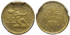 Louis II 1922-1949
50 centimes 1924, essai en bronze alu.
Ref : G. MC125. 
Conservation : PCGS SP63. Rare