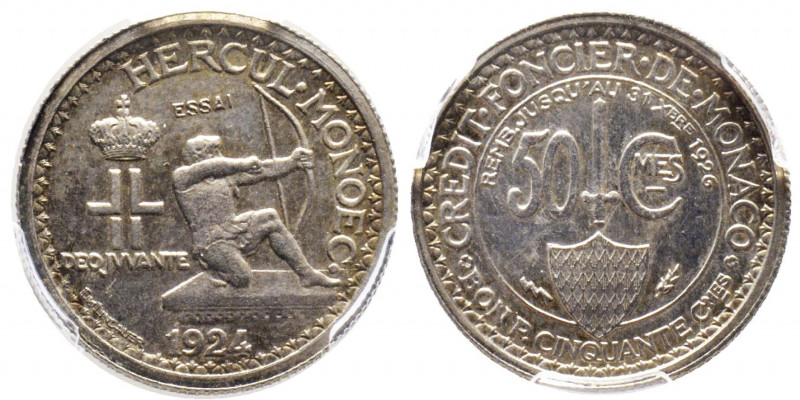 Louis II 1922-1949
50 centimes 1924, essai en argent, AG 3.05 g.
Ref : G. MC125....