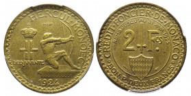 Louis II 1922-1949
2 Francs 1924, essai en en bronze alu.
Ref : G. MC129 
Conservation : PCGS SP64