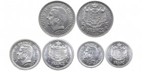 Louis II 1922-1949
1 & 2 francs Essai, sans date (1943), 5 Francs Essai 1945, Al 1.26 g. et 2.20 g. 3.81 g.
Ref : G.MC 132-134-135
Conservation : FDC....