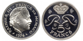 Monaco, Rainier 1949-2005
Piéfort de 5 Francs, 1974, AG 23.2 g. 
Ref : G. MC153
Conservation : PCGS SP67
Quantité : 250 exemplaires. Rare
