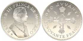 Monaco, Rainier 1949-2005
Piéfort de 50 Francs, 1974, AG 59.6 g. Ref : G. MC162
Conservation : PCGS SP 67
Quantité : 250 exemplaires. Rare
