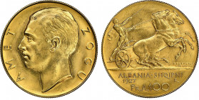 Albania Amet Zogu I 1928-1939
100 Franga, 1927 R, sans étoiles sous le buste, AU 32.25 g. Ref : Fr. 1, KM#11a.1
Conservation : NGC MS 64. FDC